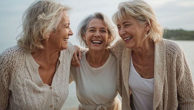 Three senior women laughing and linking arms on beach celebrating friendship and joy
