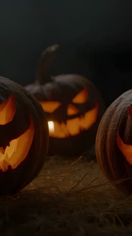 Vertical Halloween clip showing glowing carved pumpkins on straw with drifting smoke