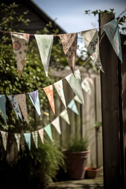 Colorful fabric bunting hanging outdoors in a domestic garden, creating a festive and cheerful atmosphere. Perfect for use in materials related to outdoor celebrations, garden parties, summer gatherings, and festive decorations.