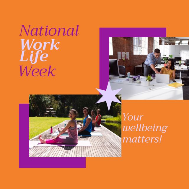 Image celebrating National Work Life Week showing diverse people working indoors with laptops and practicing yoga outdoors. Perfect for illustrating work-life balance, promoting wellness activities and mental health at workplace, or enhancing productivity. Suitable for articles, blogs, social media posts, and wellness programs.