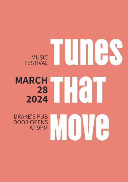 Poster promoting Tunes That Move music festival on March 28, 2024 at Drake's Pub. The design features bold white letters on a pink background, providing essential event details such as the date and venue. Ideal for promoting music festivals, events, social media posts, and community boards.