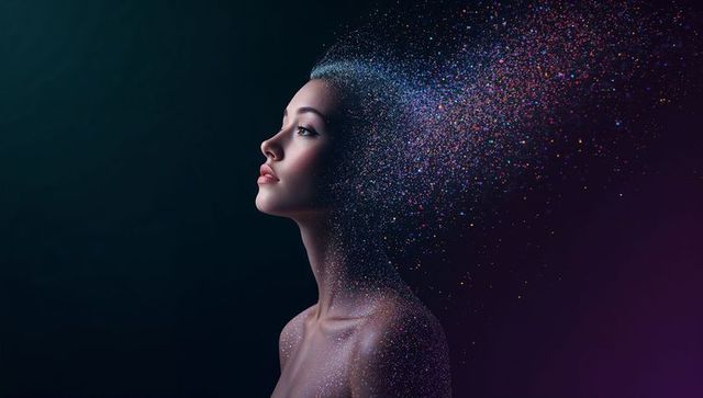 Asian woman dissolving into vibrant particle cloud with glitter skin profile portrait