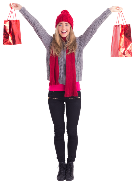 Cheerful Woman With Red Shopping Bags Displaying Holiday Spirit Transparent - Download Free Stock Videos Pikwizard.com