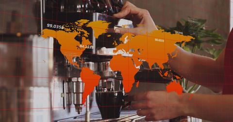 Global coffee industry technology concept with digital overlay