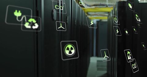 Eco-Friendly Technology Symbols Floating Over Server Network - Download Free Stock Images Pikwizard.com