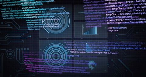 Displaying Futuristic HUD with Concentric Pulsing Targets, Code Panels, Analytics