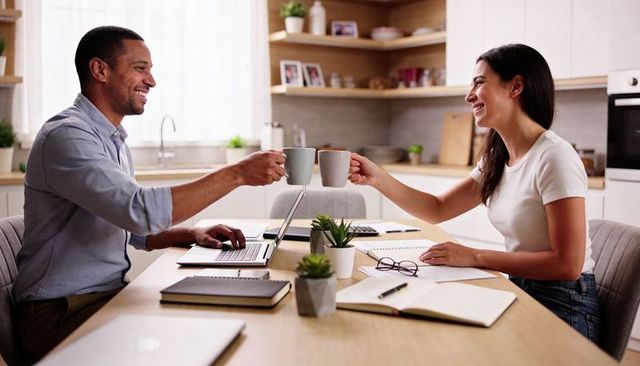 Couple Toasting Coffee While Working from Home at Kitchen Table