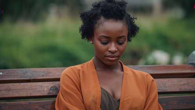 Contemplative woman sitting on park bench wearing rust-orange jacket and stud earrings