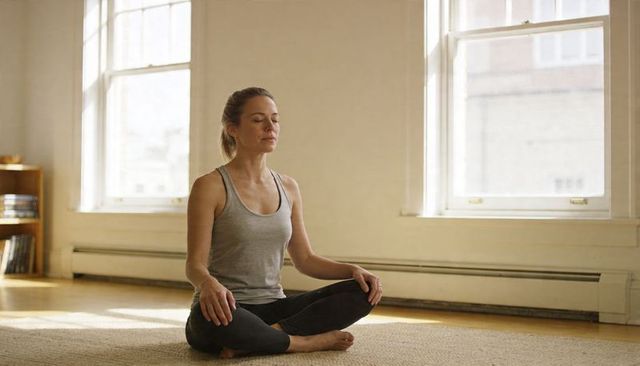 Woman meditating cross-legged in bright minimalist room with natural light and serene calm