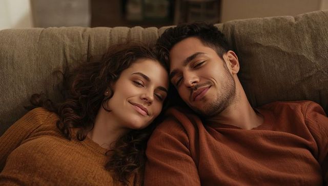 Young couple cuddling on sofa in cozy knit sweaters warm earth tones intimate moment