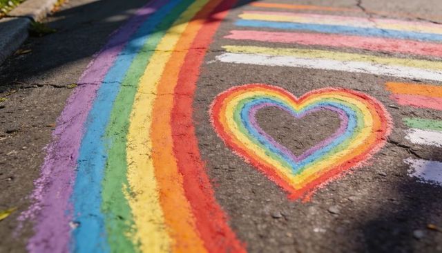 Displaying rainbow chalk heart and concentric stripes on cracked asphalt near curb