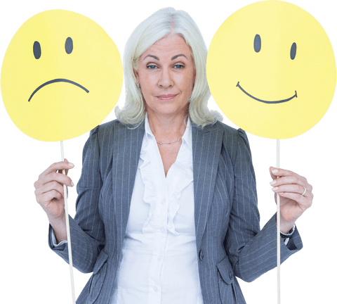 businesswoman holding emotions concept: sad and happy smiley faces transparent - Download Free Stock Videos Pikwizard.com