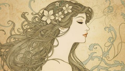 Art nouveau woman with flowing floral hair and vine motifs