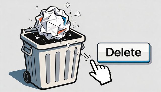 File deletion concept trash bin with crumpled paper and cursor clicking delete button