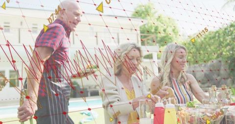 Multigenerational backyard bbq gathering with data overlay showing activity trends