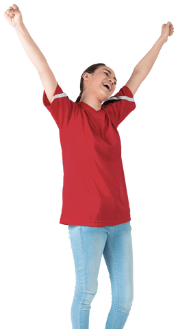 Excited Asian Fan Cheering in Red Outfit on Transparent Background