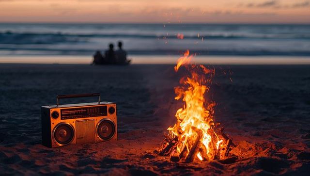 Twilight beach bonfire with retro boombox, crackling flames and couple silhouettes