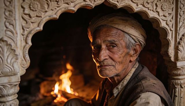 Elderly indian man wearing turban sitting in ornate carved arch hearth firelight portrait
