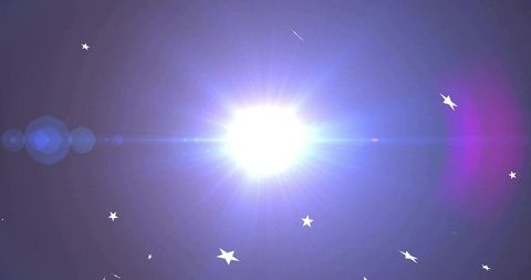 White-blue solar flare radiating radial beams with magenta lens flare and star bokeh