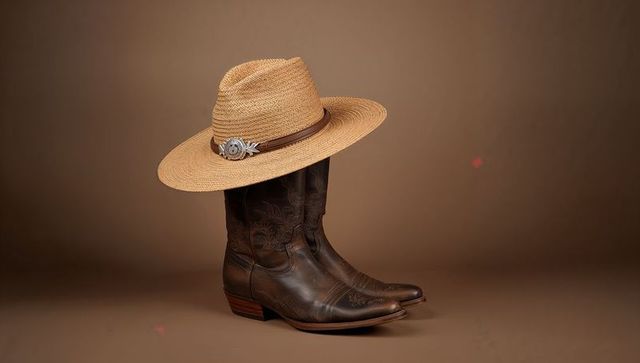 Vintage western style cowboy boots with straw hat