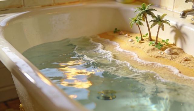 Miniature beach forming inside porcelain bathtub with palm trees and gentle waves