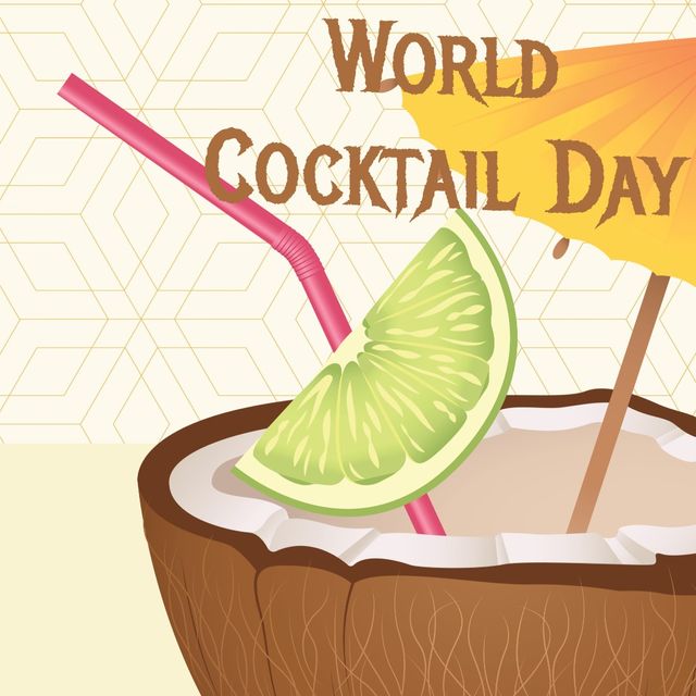 World cocktail day text banner with coconut cocktail against geometric patterns on yellow background. world cocktail day awareness concept