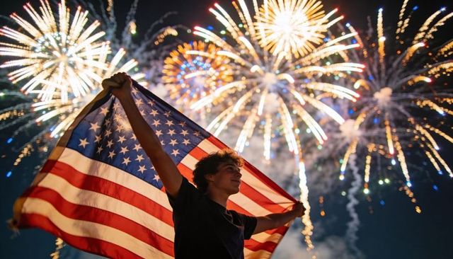 Teen holding american flag while fireworks explode celebrating patriotic independence night