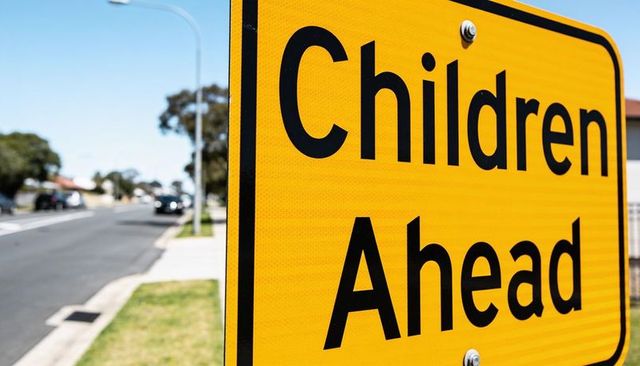 Bright yellow children ahead road sign highlighting school zone safety on suburban street