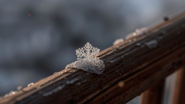Melting snowflake crystal resting on wooden railing with water droplets