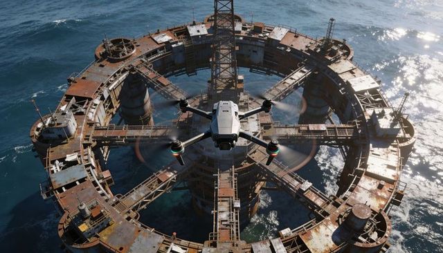 Quadcopter drone hovering over rusted offshore circular platform, aerial inspection of oil rig