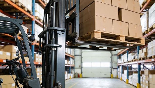 Forklift lifting pallet stacked with boxes in warehouse aisle