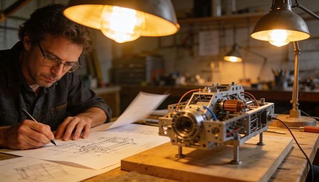 Engineer sketching mechanical prototype while testing robotic gearbox on workshop bench