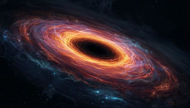 Vivid swirling accretion disk around black hole with glowing plasma ring and nebula