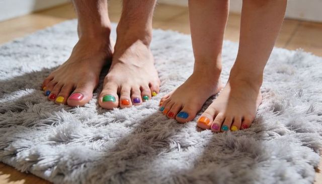 Parent and child standing on plush gray rug displaying rainbow toenail polish and bare feet