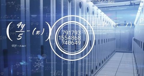 Futuristic Data Processing and Server Room with Mathematical Visualization
