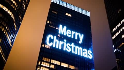 Skyscraper displaying Merry Christmas LED animation across glass facade at night