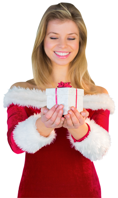 Smiling Woman in Santa Outfit Presenting Gift Box Transparent - Download Free Stock Videos Pikwizard.com