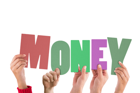 Hands Holding Colorful Money Text on Transparent Background