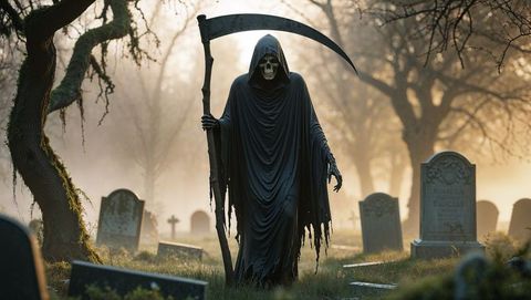 Grim Reaper in Mystic Foggy Cemetery at Dawn