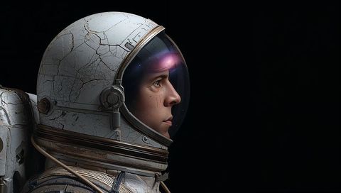 Astronaut Gazing in Deep Space with Cracked Visor and Backpack