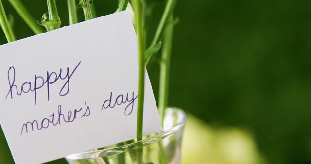 A close-up view of a Mother's Day card attached to a flower stem, with copy space. It conveys a message of love and appreciation for mothers on their special day.