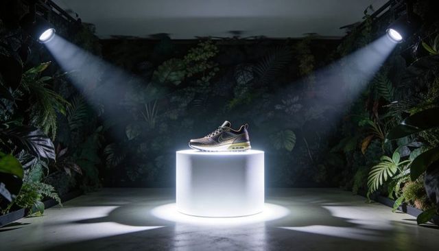 Golden Running Sneaker on Illuminated Pedestal with Dramatic Spotlights and Plant Backdrop