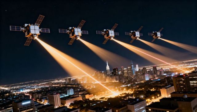 Five box satellites beaming orange searchlights over urban night skyline orbital beacons
