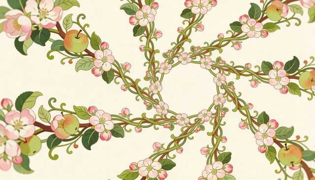 Pastel apple blossom spiral pattern, ornamental botanical vines in radial symmetry design