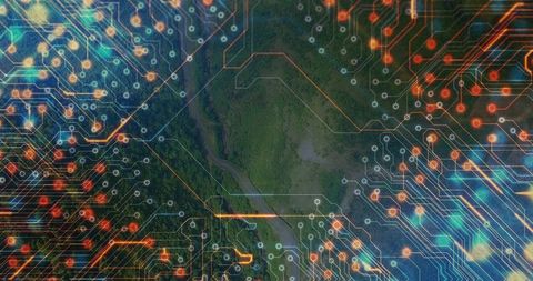Aerial landscape blending with translucent circuit overlay revealing glowing neon traces