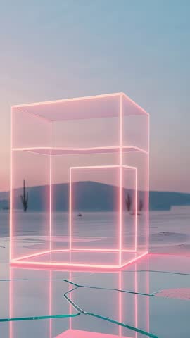 Pulsing Neon Pink Nesting Cube Emerging on Cracked Salt Flat - Vertical Sci-Fi Loop