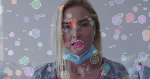 Woman Sneezing with Face Mask Amidst Connection Network Animation