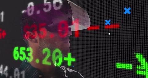 Man with VR Headset Immersed in Digital Stock Market Display - Download Free Stock Images Pikwizard.com