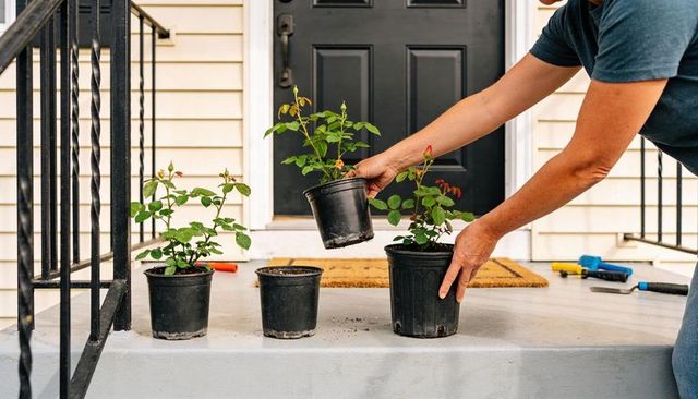Hands placing rose seedlings on porch steps, potting and preparing front entry plants