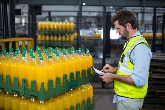 Factory worker maintaining record on juice bottles on digital tablet in factory